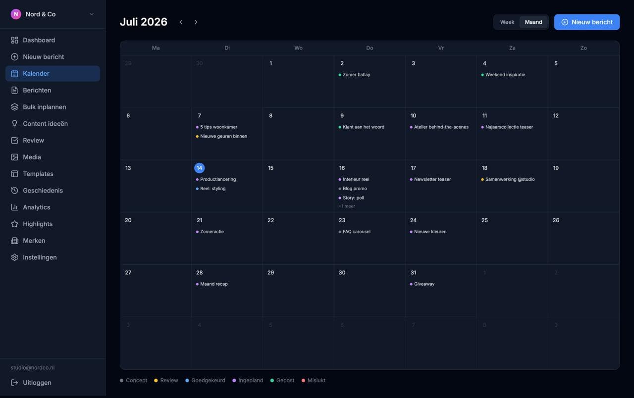 Kalender: je hele contentplanning in één maandoverzicht. Sleep om te herplannen.