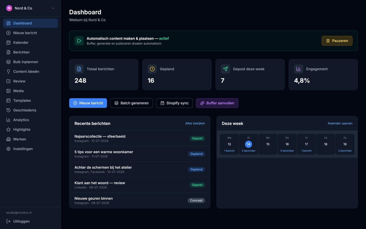 Dashboard: alles op de automatische piloot. Buffer, generatie en publiceren draaien vanzelf. Demo-weergave met een voorbeeldmerk.