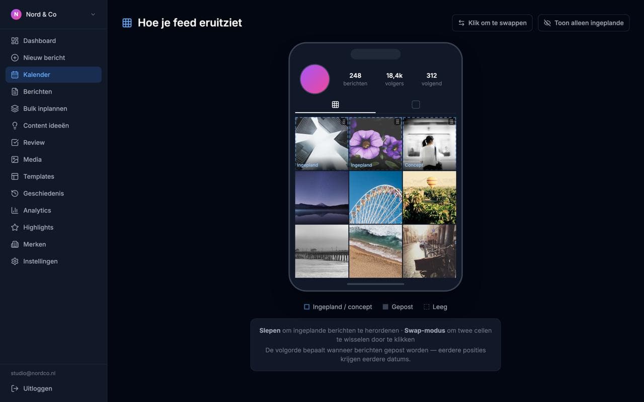 Feed-preview: zie hoe je Instagram-grid eruitziet vóór je post en herorden in één sleep.