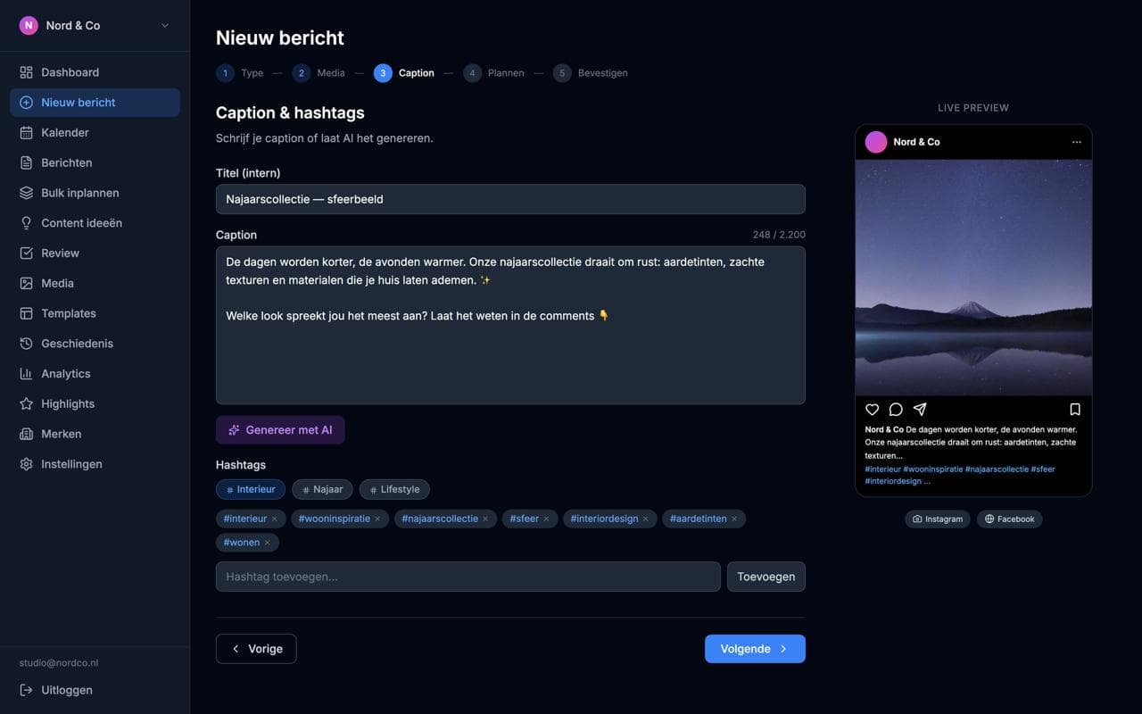 Nieuw bericht: AI schrijft je caption en hashtags, met een live Instagram-preview terwijl je typt.