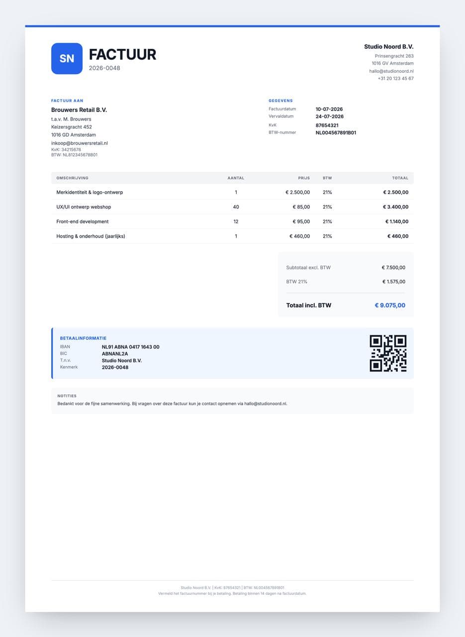 Factuur in eigen huisstijl, met iDEAL-betaallink en QR-code voor directe betaling.