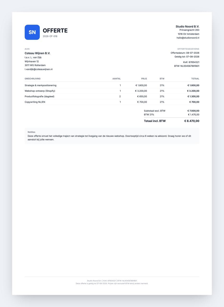 Offerte die klanten online accorderen en die met één klik factuur wordt.